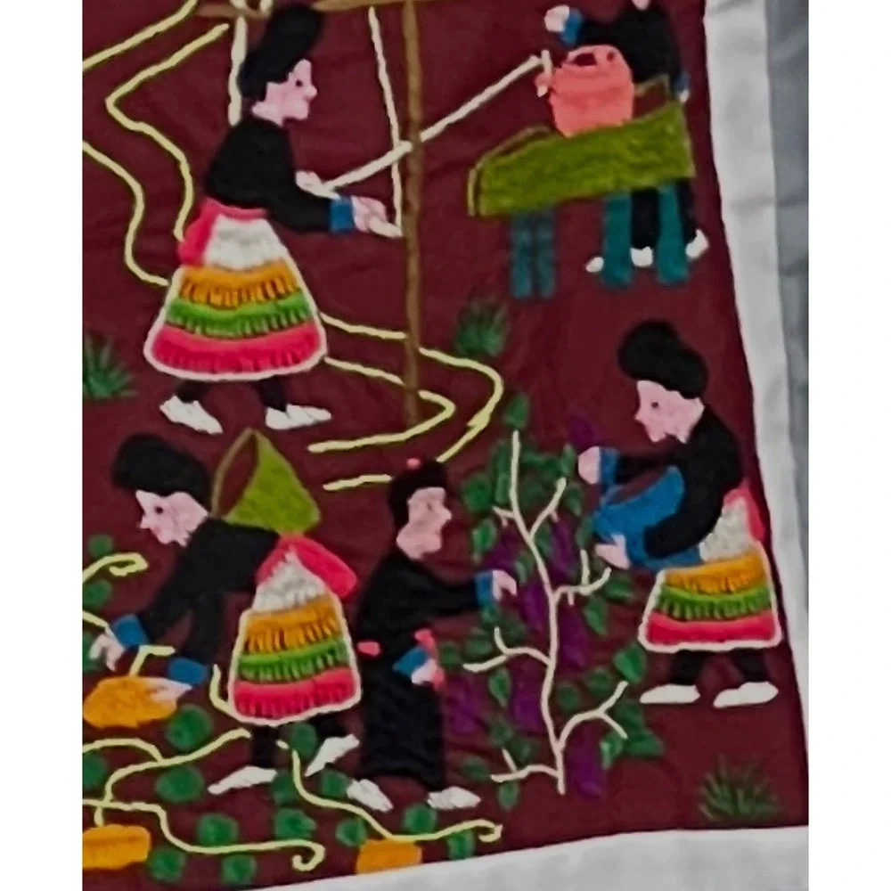 Large Vintage Hmong Story Cloth Bedspread‎ 80x94 Hand Embroidered Full Queen